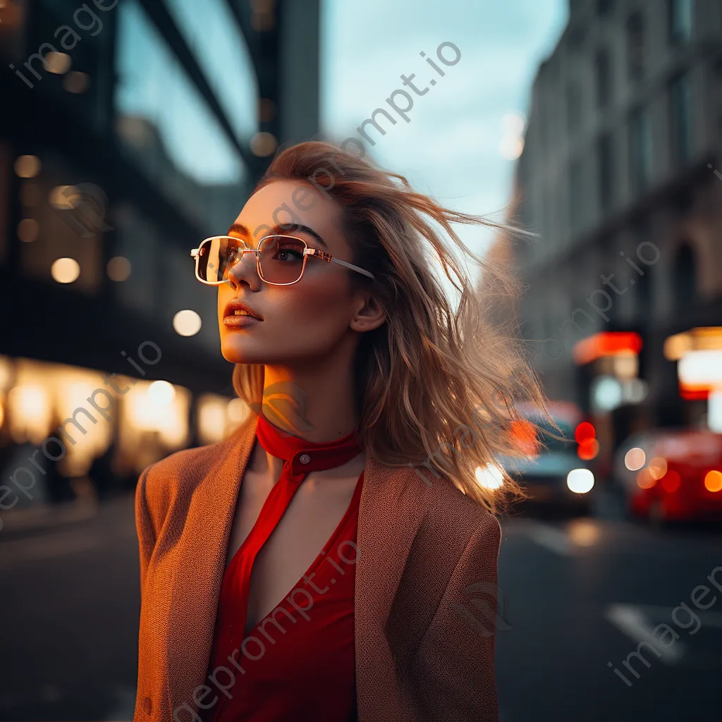 Fashion model showcasing AR glasses in urban street setting - Image 1