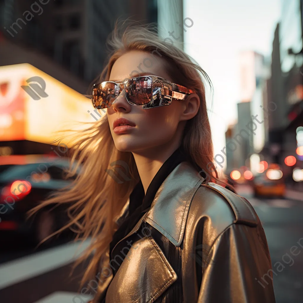 Fashion model showcasing AR glasses in urban street setting - Image 4