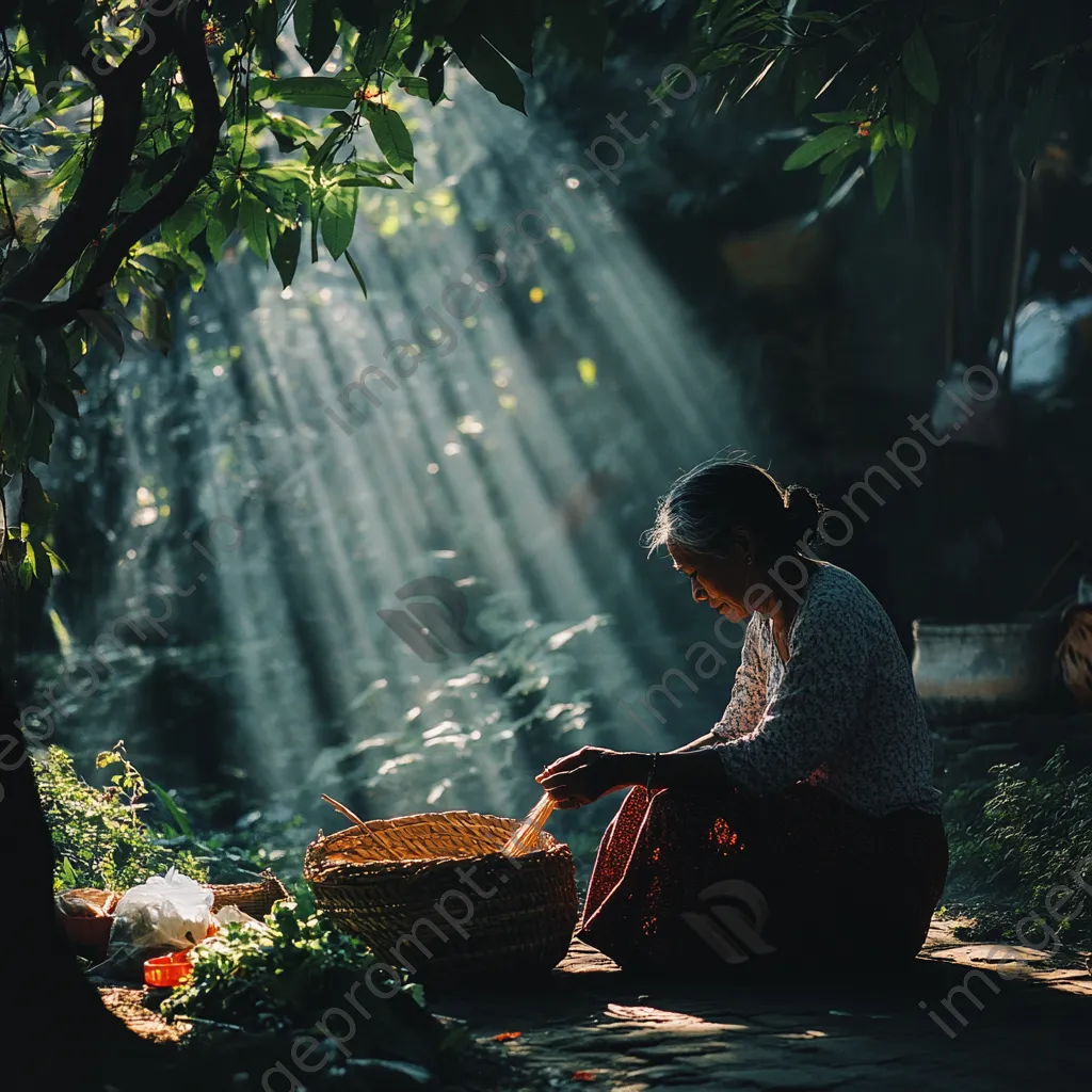 Artisan weaving in a garden with dappled sunlight - Image 2