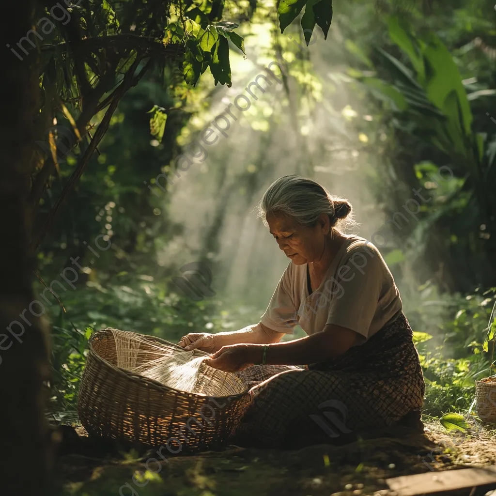 Artisan weaving in a garden with dappled sunlight - Image 3