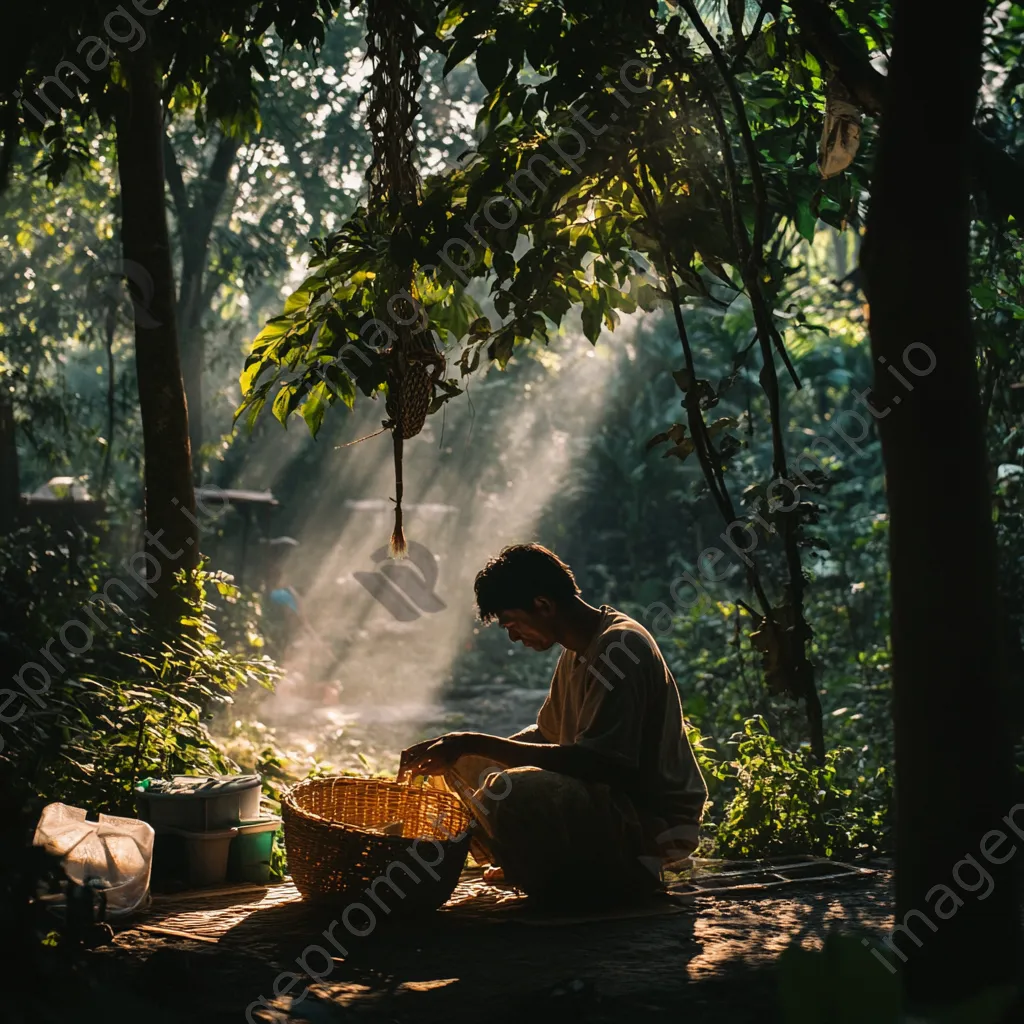 Artisan weaving in a garden with dappled sunlight - Image 4