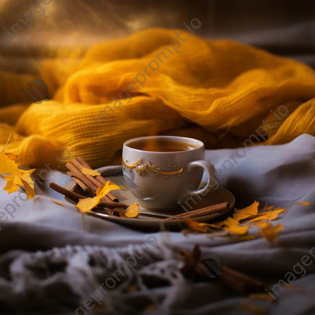 Golden autumn leaves on a knitted blanket with a steaming mug of cider - Image 2