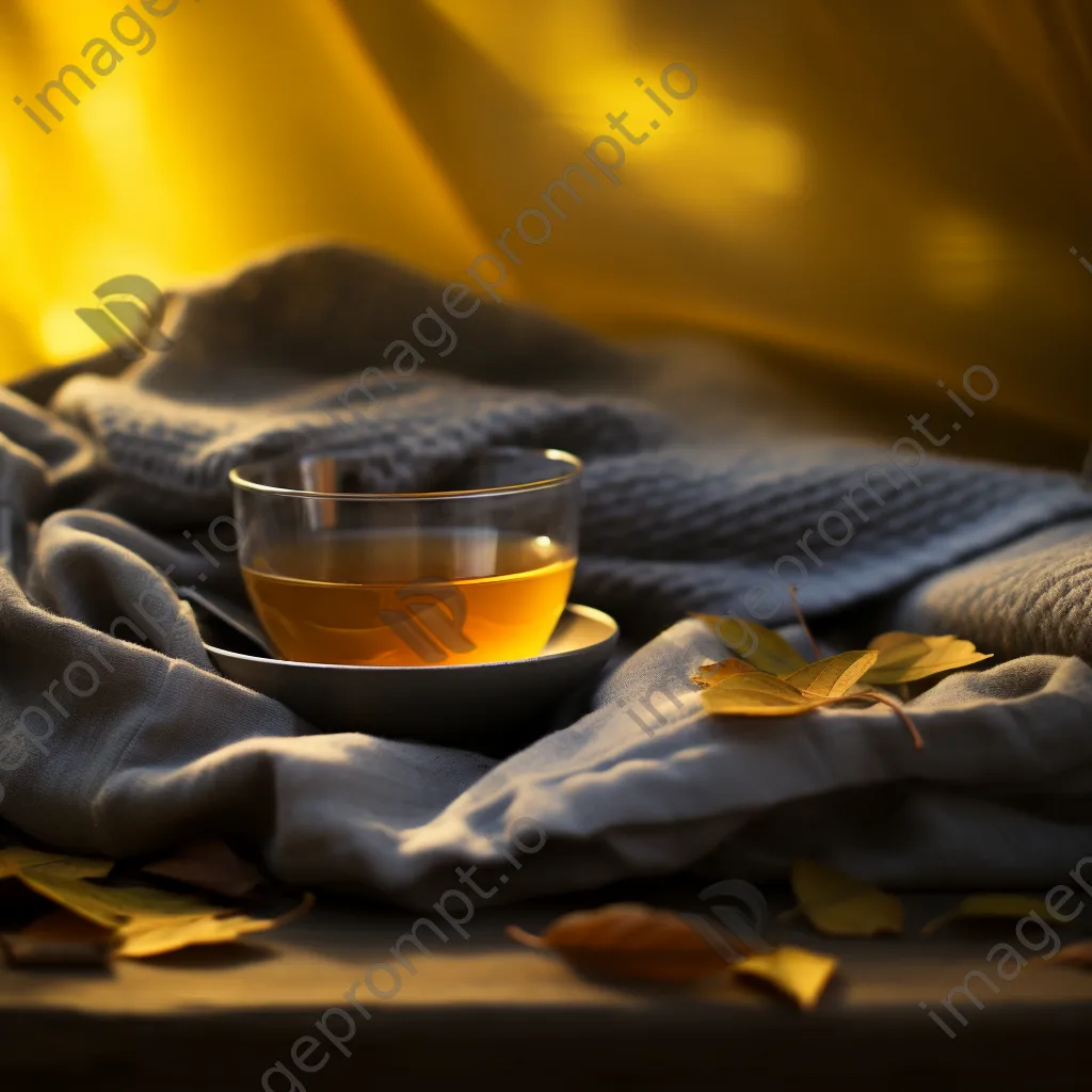 Golden autumn leaves on a knitted blanket with a steaming mug of cider - Image 3