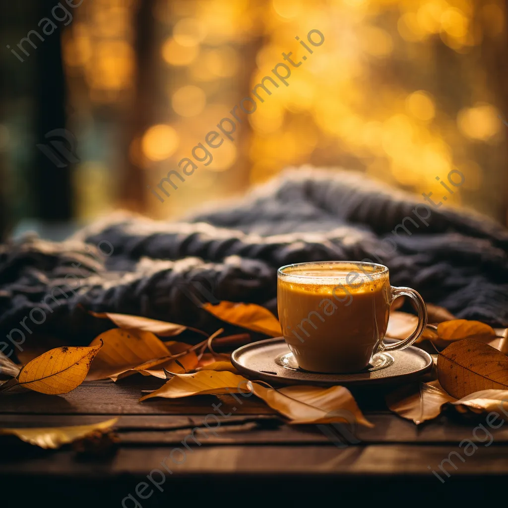 Golden autumn leaves on a knitted blanket with a steaming mug of cider - Image 4