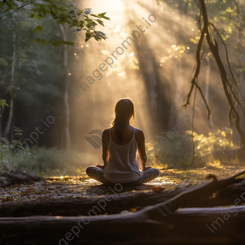 Woman practicing yoga in a forest during morning light. - Image 1