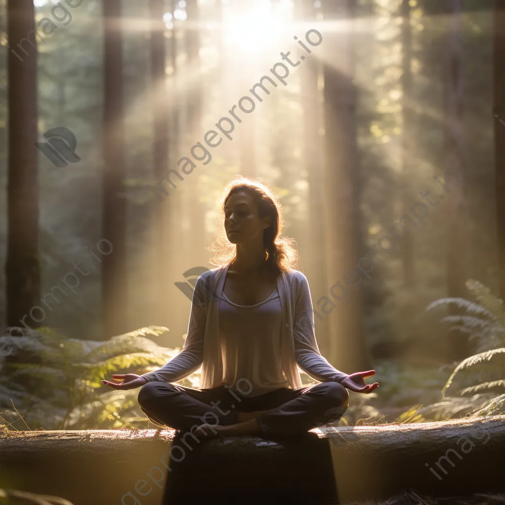 Woman practicing yoga in a forest during morning light. - Image 2