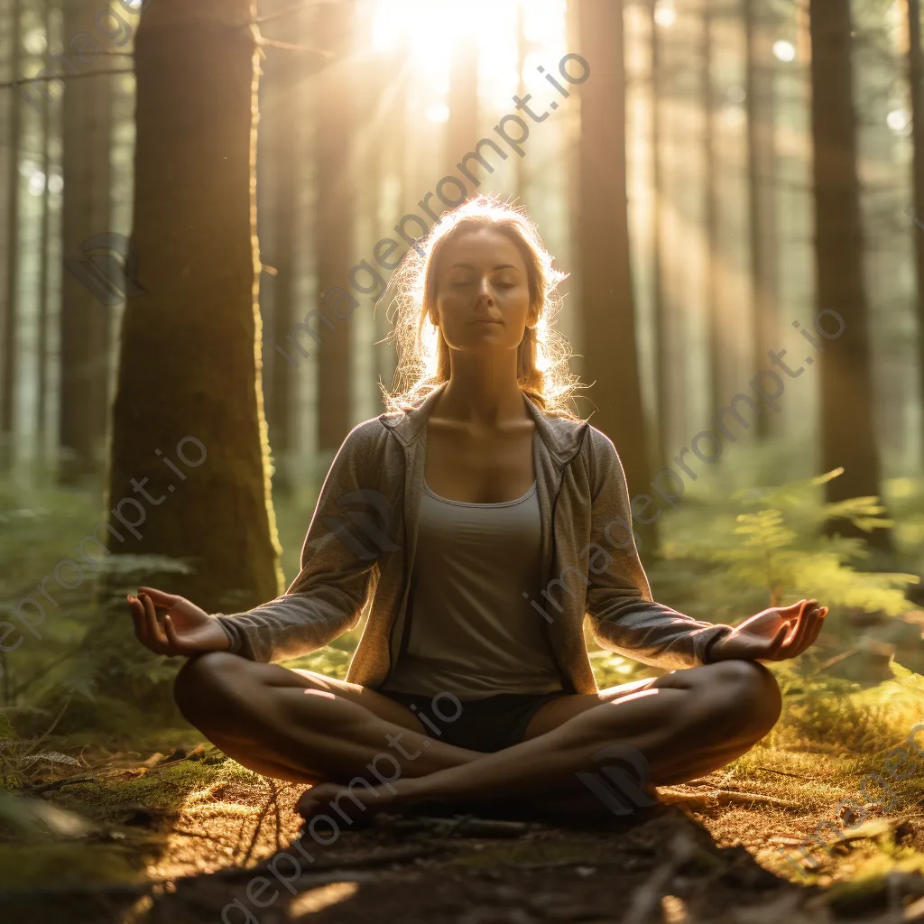 Woman practicing yoga in a forest during morning light. - Image 4