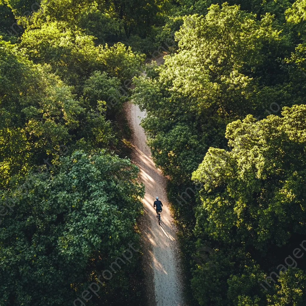 Aerial view of a cyclist on a dirt path surrounded by trees. - Image 1