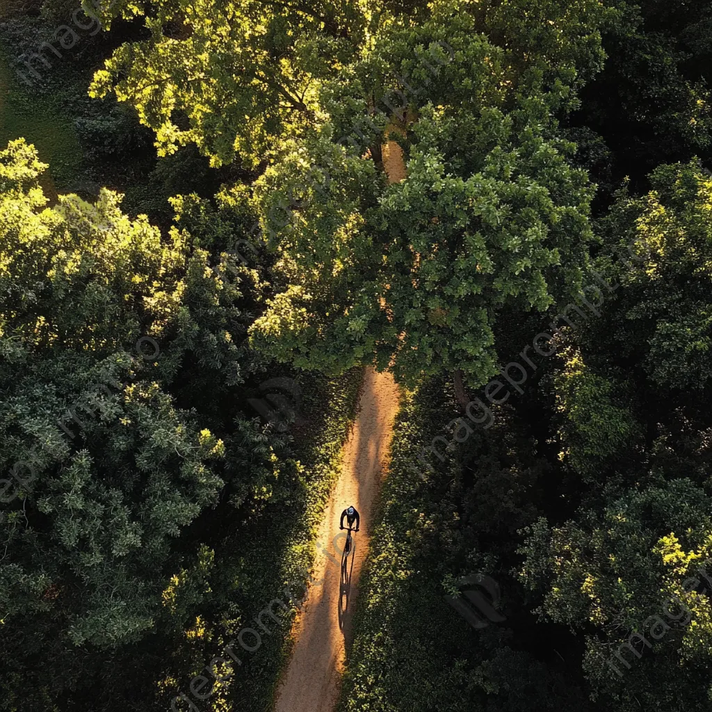 Aerial view of a cyclist on a dirt path surrounded by trees. - Image 2