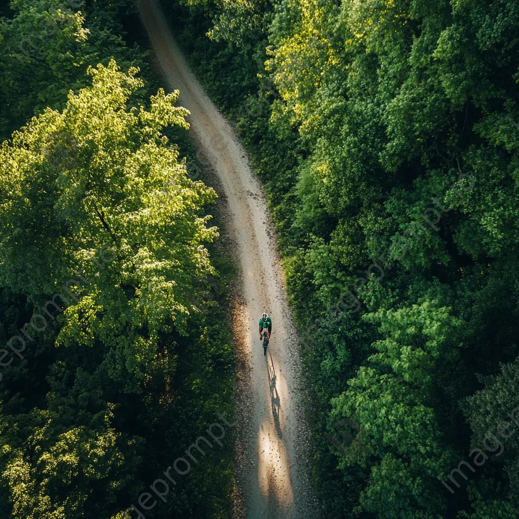 Aerial view of a cyclist on a dirt path surrounded by trees. - Image 3