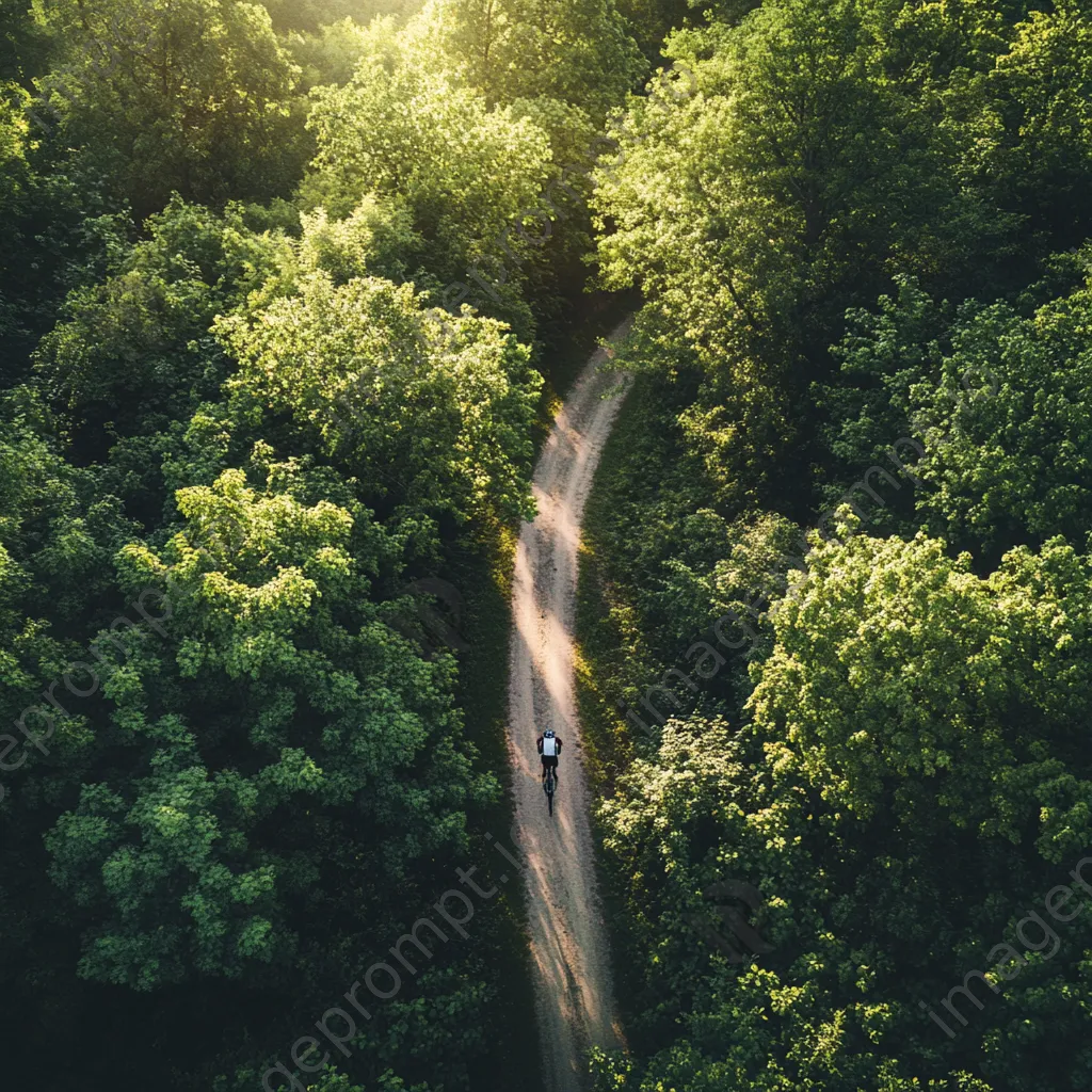 Aerial view of a cyclist on a dirt path surrounded by trees. - Image 4