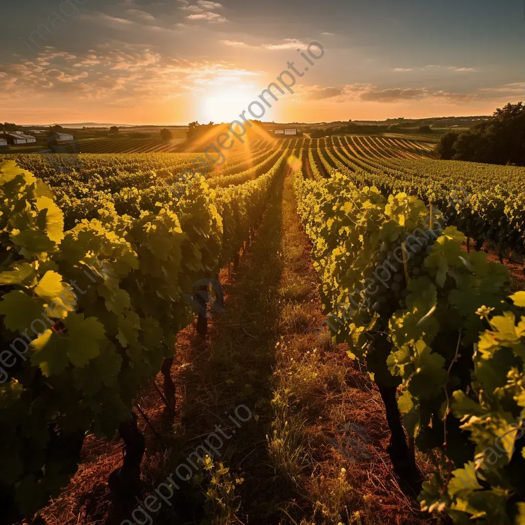 Sprawling vineyard with lush grapevines in rows under the setting sun - Image 1