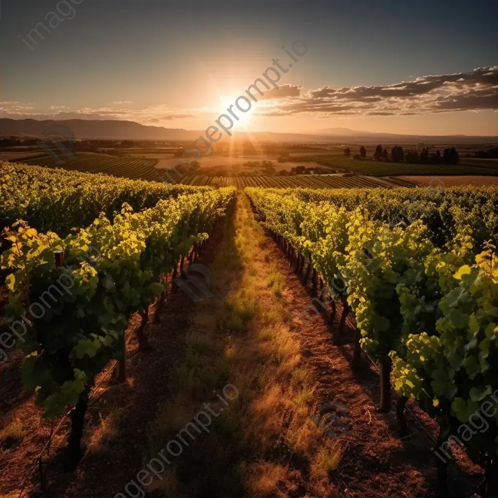 Sprawling vineyard with lush grapevines in rows under the setting sun - Image 2