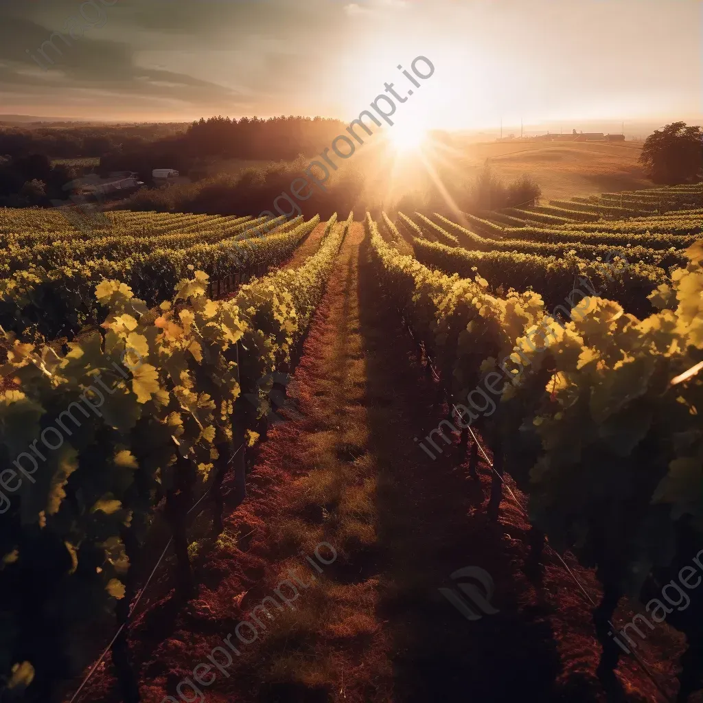 Sprawling vineyard with lush grapevines in rows under the setting sun - Image 3