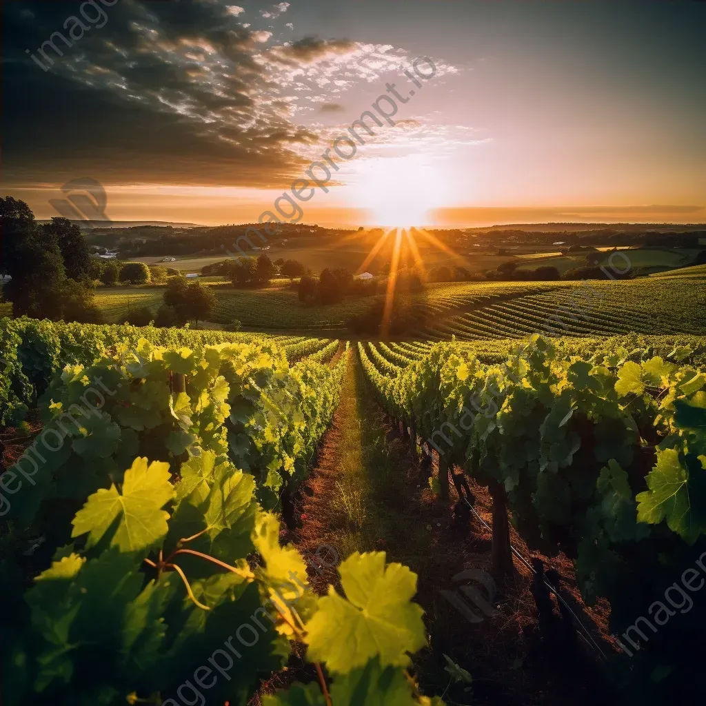 Sprawling vineyard with lush grapevines in rows under the setting sun - Image 4