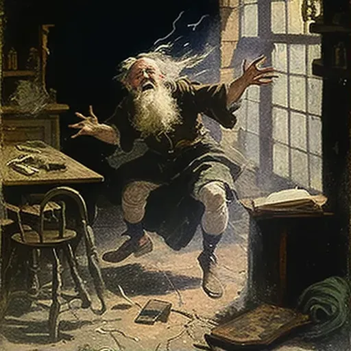 Illustration of a comedic fantasy scene with a clumsy wizard and a misfiring spell - Image 1