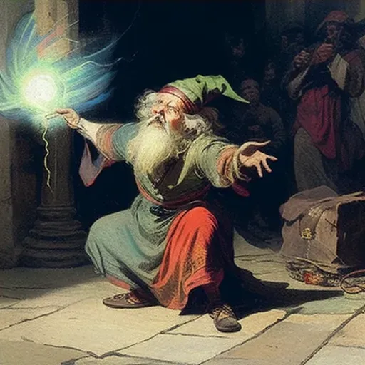 Illustration of a comedic fantasy scene with a clumsy wizard and a misfiring spell - Image 4