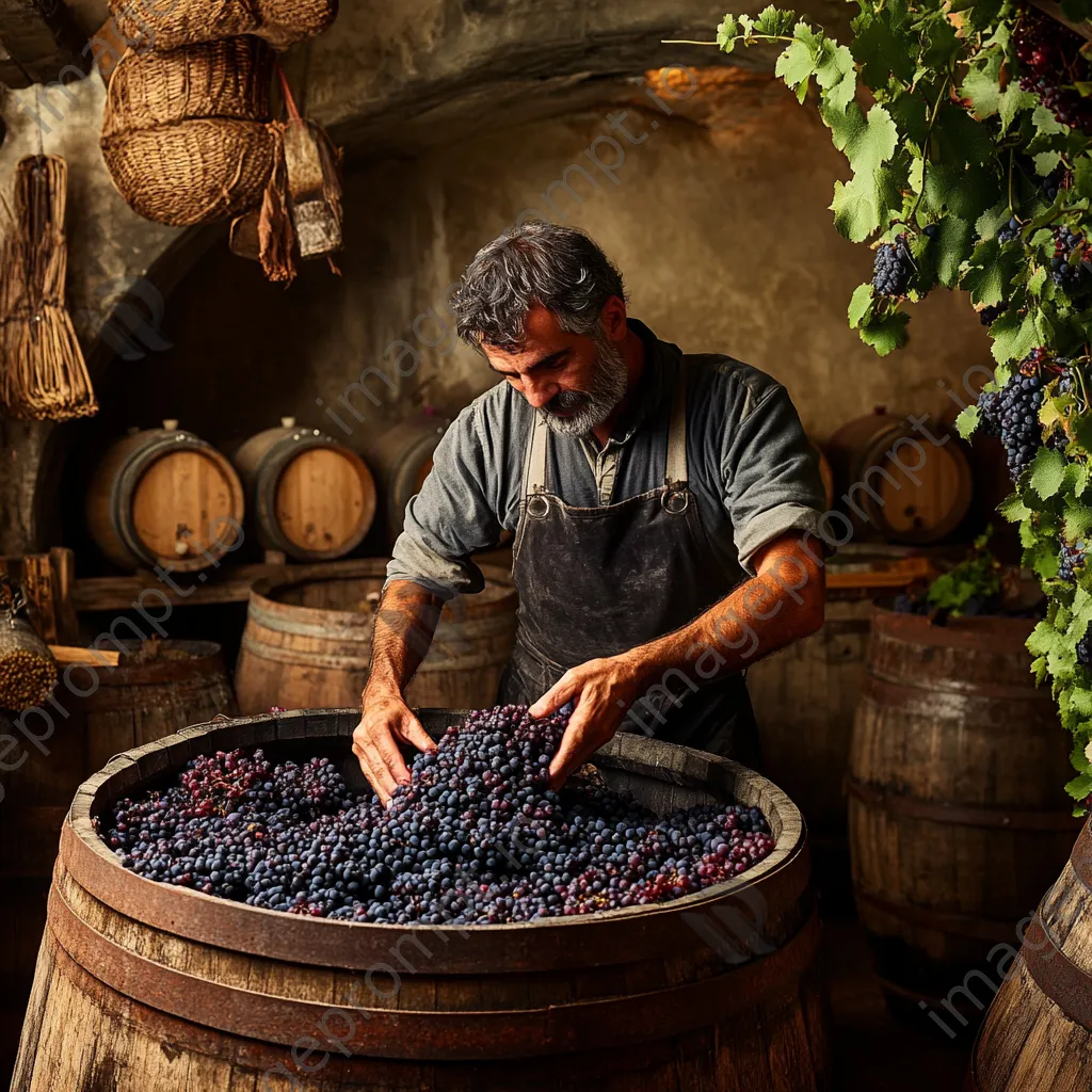 Winemaker crushing grapes in a rustic wooden vat - Image 3