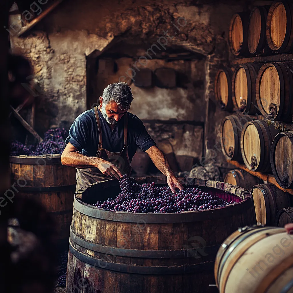 Winemaker crushing grapes in a rustic wooden vat - Image 4