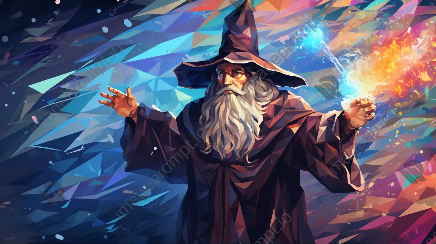 Wizard casting a multi-hued spell in low poly form - Image 1