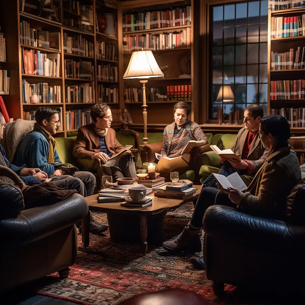 Community book club meeting with readers discussing literature in a cozy library - Image 1