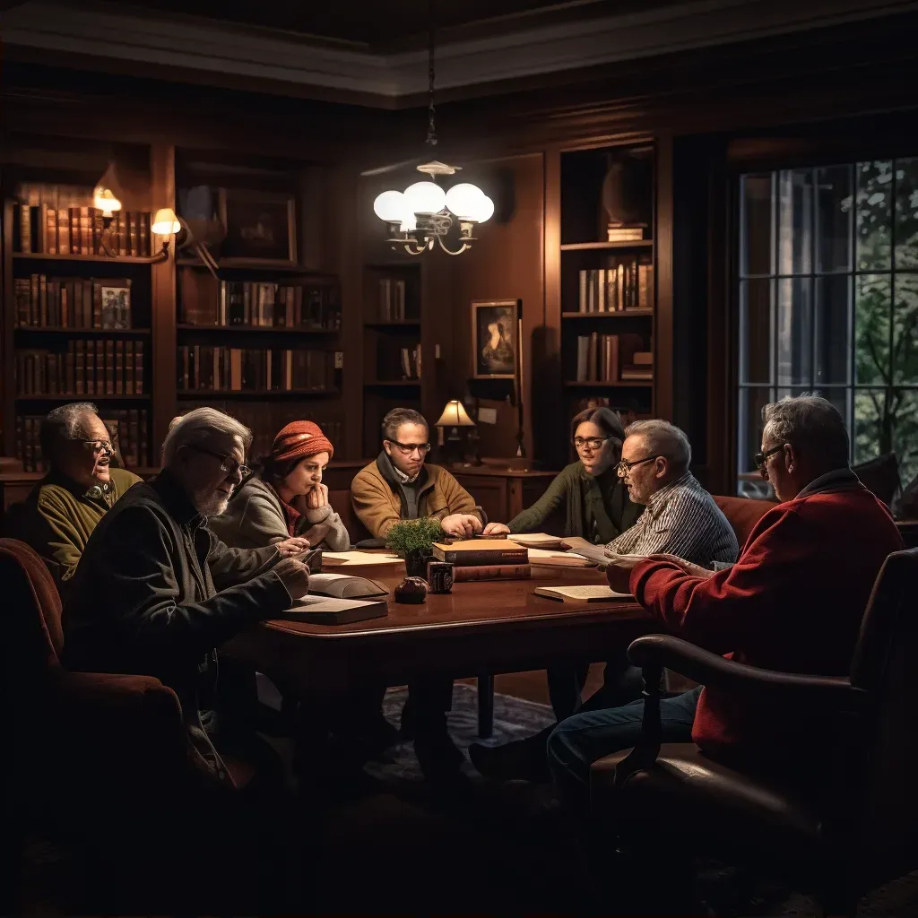 Community book club meeting with readers discussing literature in a cozy library - Image 2