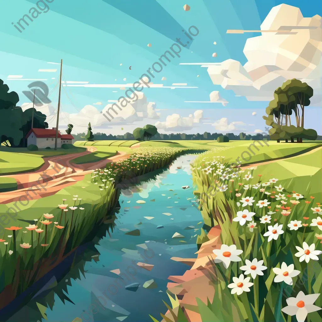 Low poly depiction of a tranquil countryside path with blooming wildflowers and a calm river - Image 1