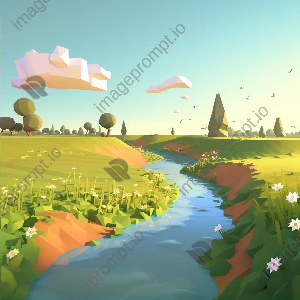 Low poly depiction of a tranquil countryside path with blooming wildflowers and a calm river - Image 2