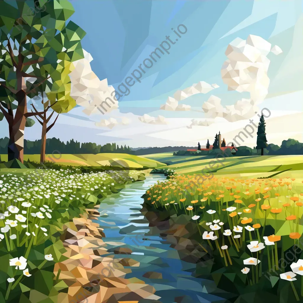 Low poly depiction of a tranquil countryside path with blooming wildflowers and a calm river - Image 3