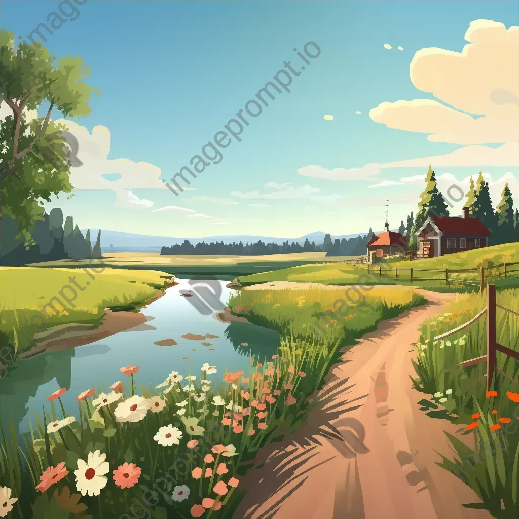 Low poly depiction of a tranquil countryside path with blooming wildflowers and a calm river - Image 4