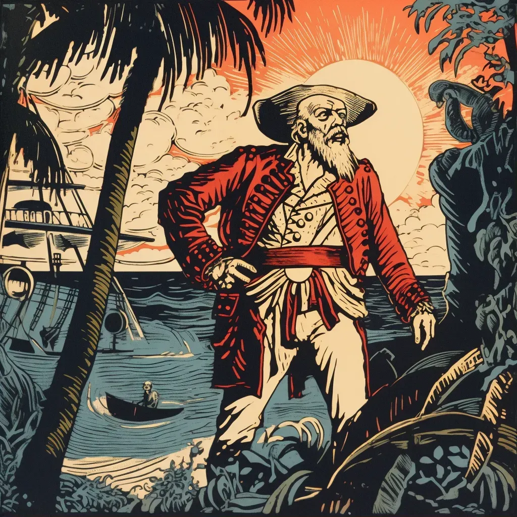 Audacious pirate standing on ship deck with tropical island and stormy sea in background - Image 1