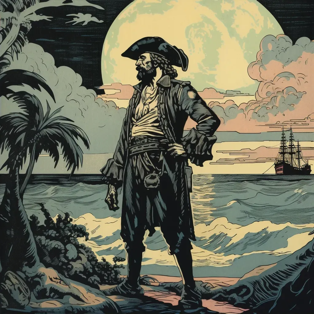 Audacious pirate standing on ship deck with tropical island and stormy sea in background - Image 2