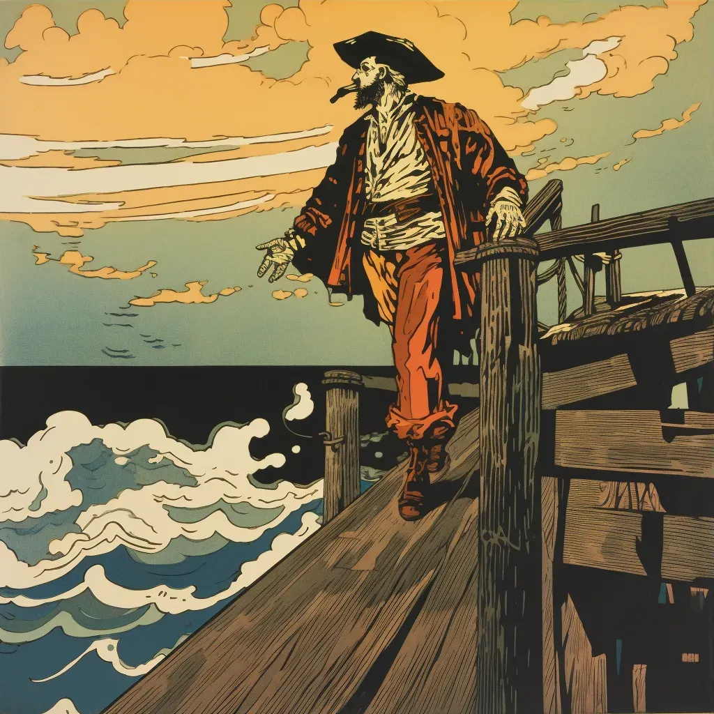 Audacious pirate standing on ship deck with tropical island and stormy sea in background - Image 3