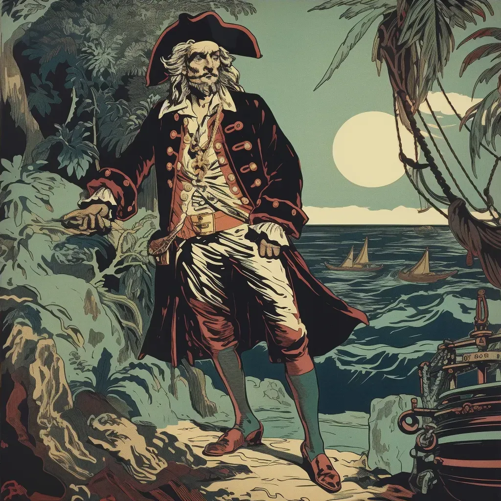 Audacious pirate standing on ship deck with tropical island and stormy sea in background - Image 4