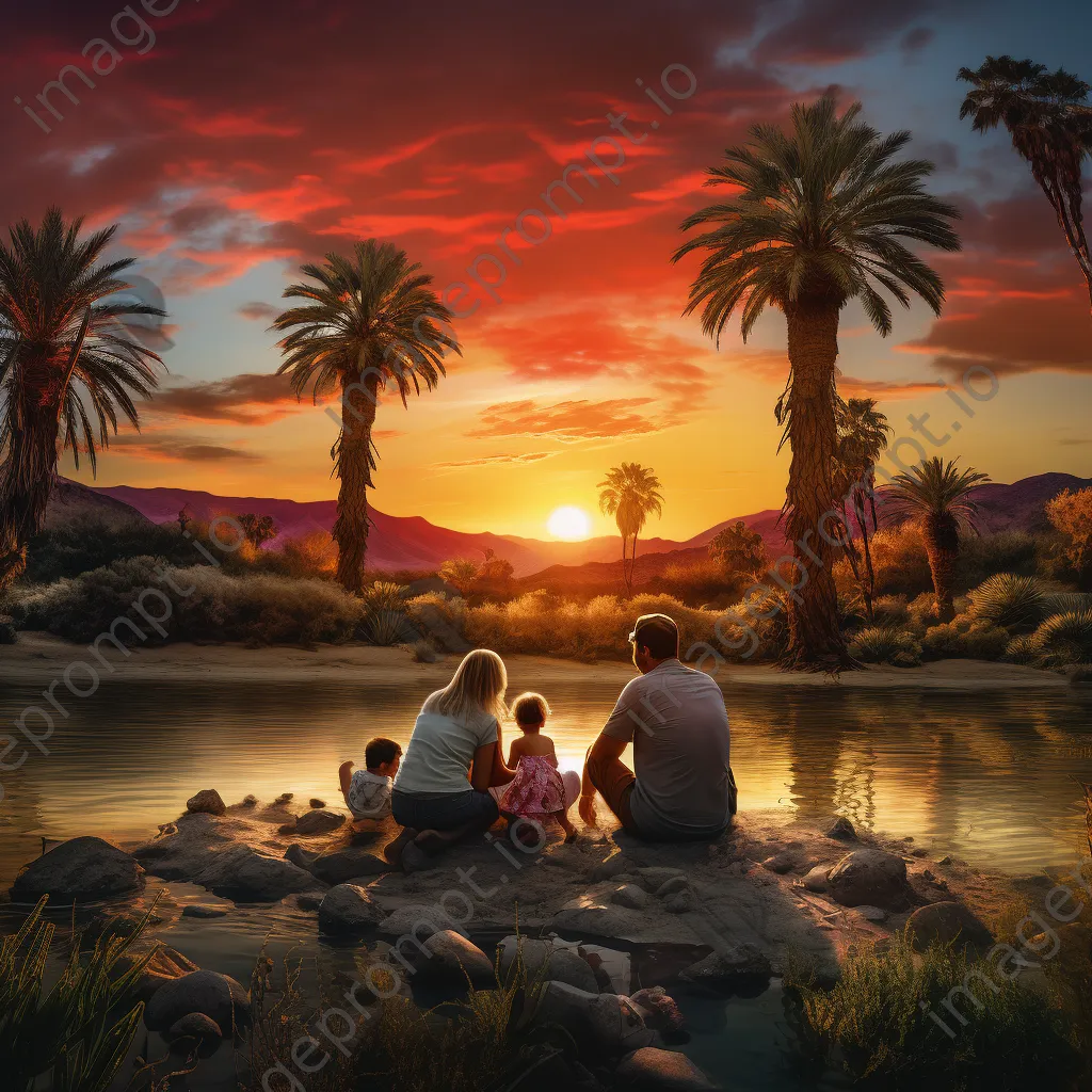 Family enjoying a picnic at a desert oasis - Image 1