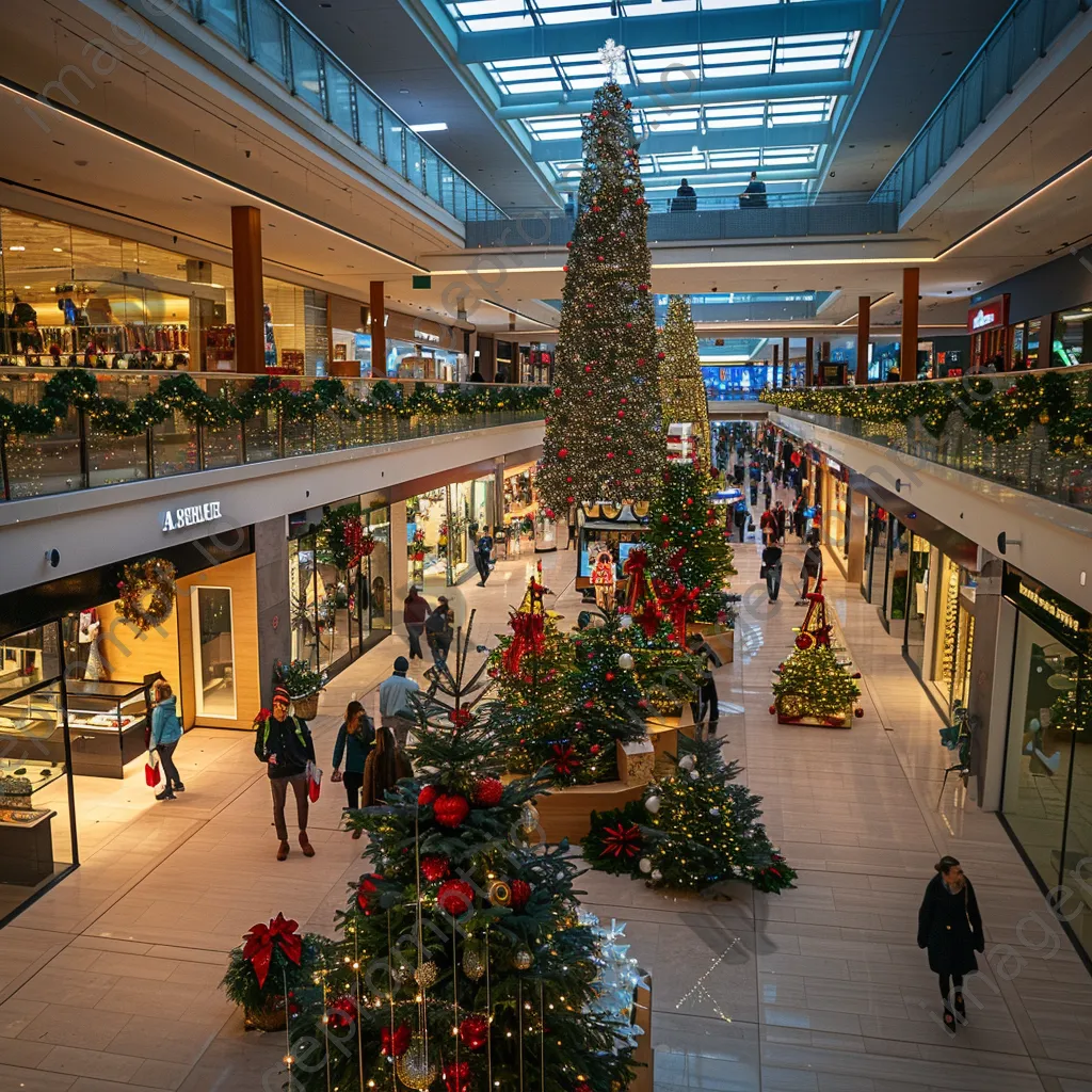 Indoor shopping mall with festive holiday decorations and shoppers. - Image 1