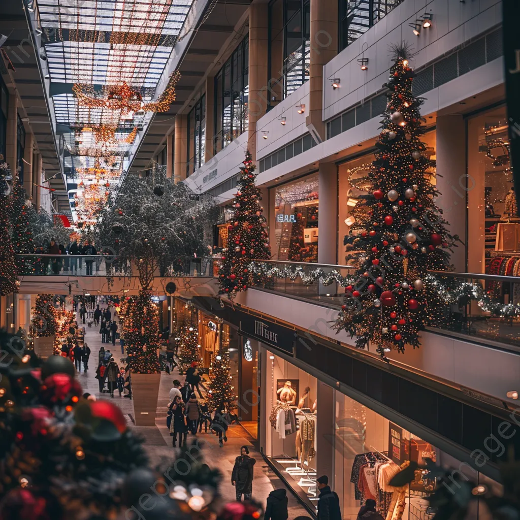 Indoor shopping mall with festive holiday decorations and shoppers. - Image 2