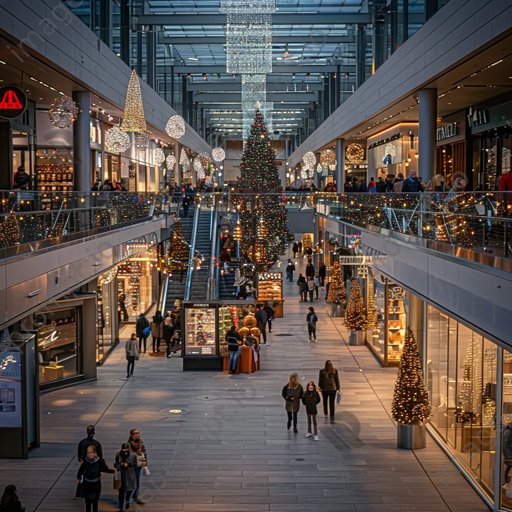 Indoor shopping mall with festive holiday decorations and shoppers. - Image 4