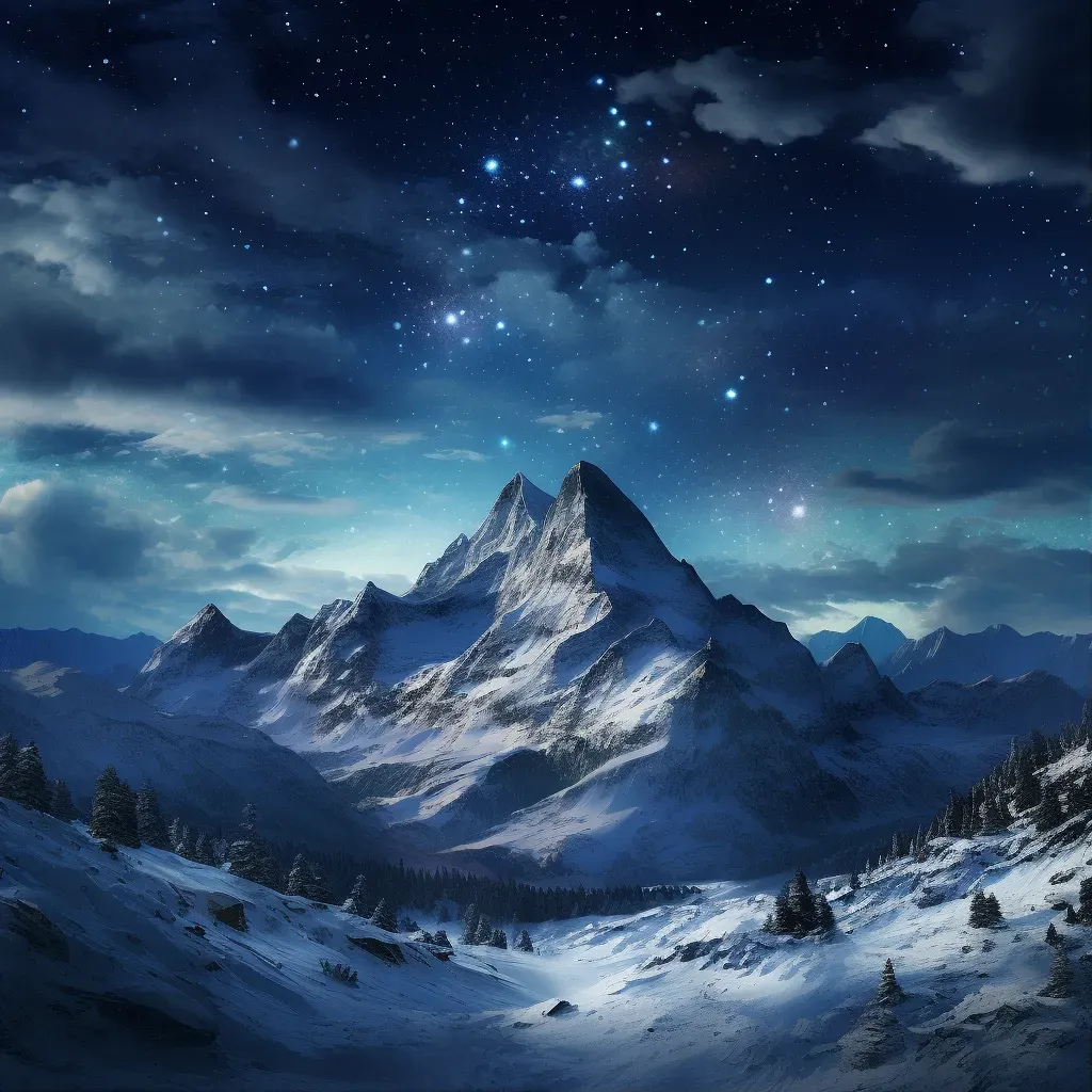 Snow-covered mountain range under a starry night sky - Image 1