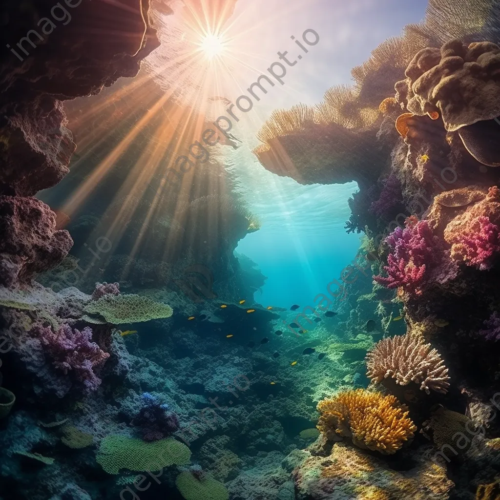 Sunlit underwater rock formations with marine life - Image 1