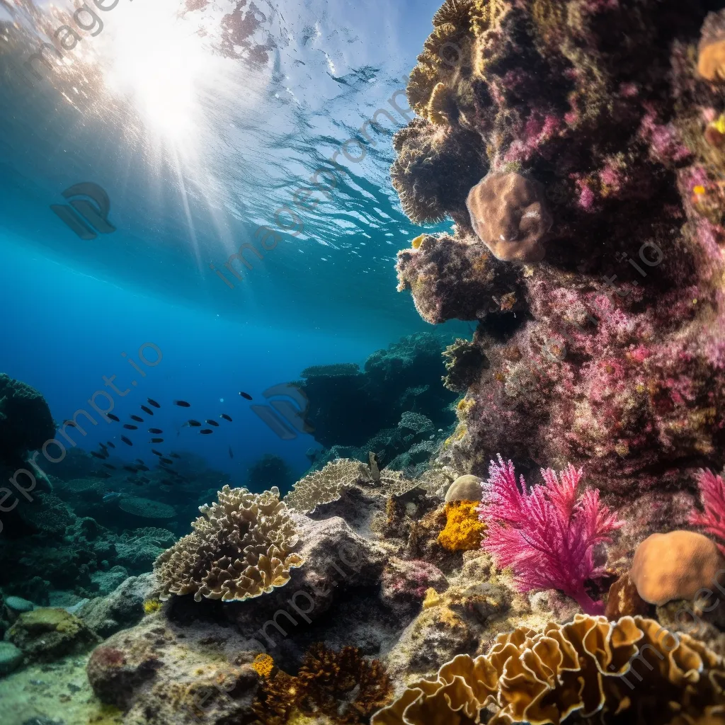 Sunlit underwater rock formations with marine life - Image 2