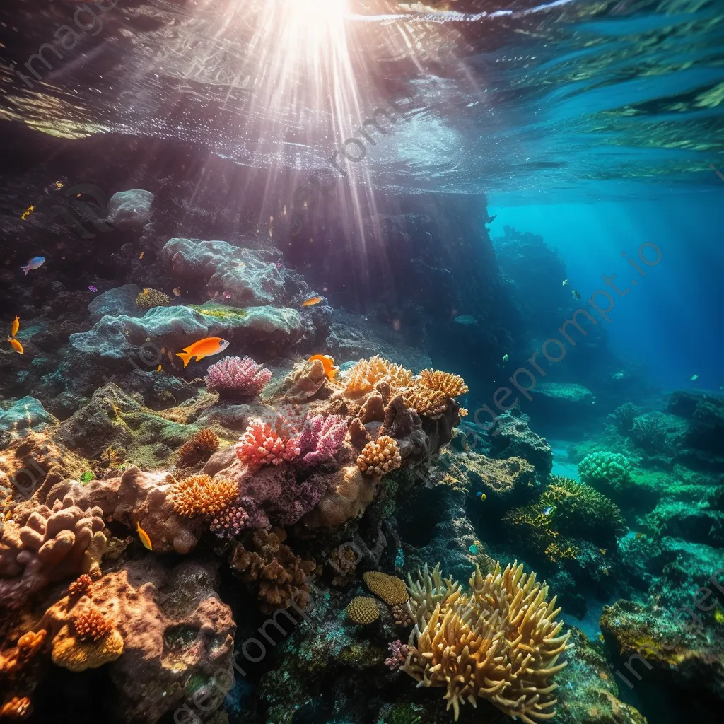 Sunlit underwater rock formations with marine life - Image 3