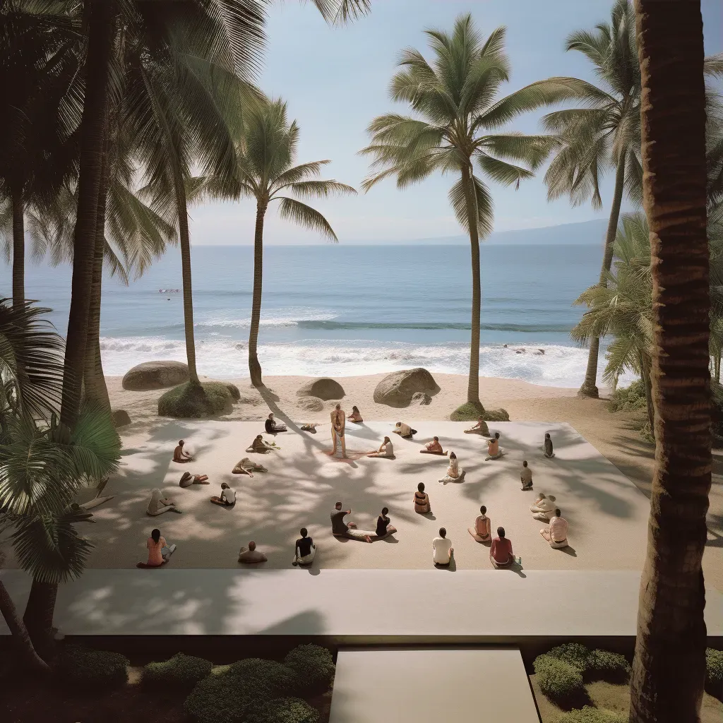 Yoga practitioners on beach with palm trees - Image 3