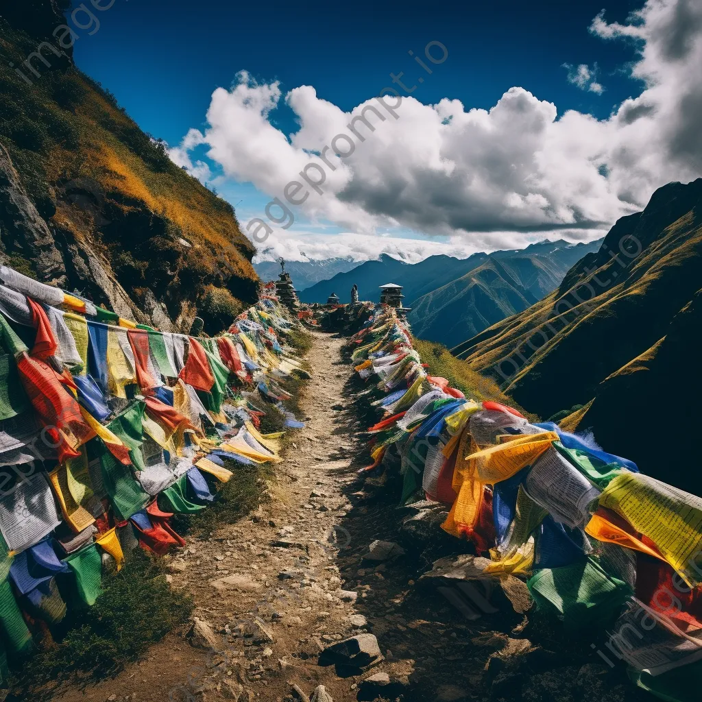 Ancient pilgrimage route with colorful prayer flags - Image 1