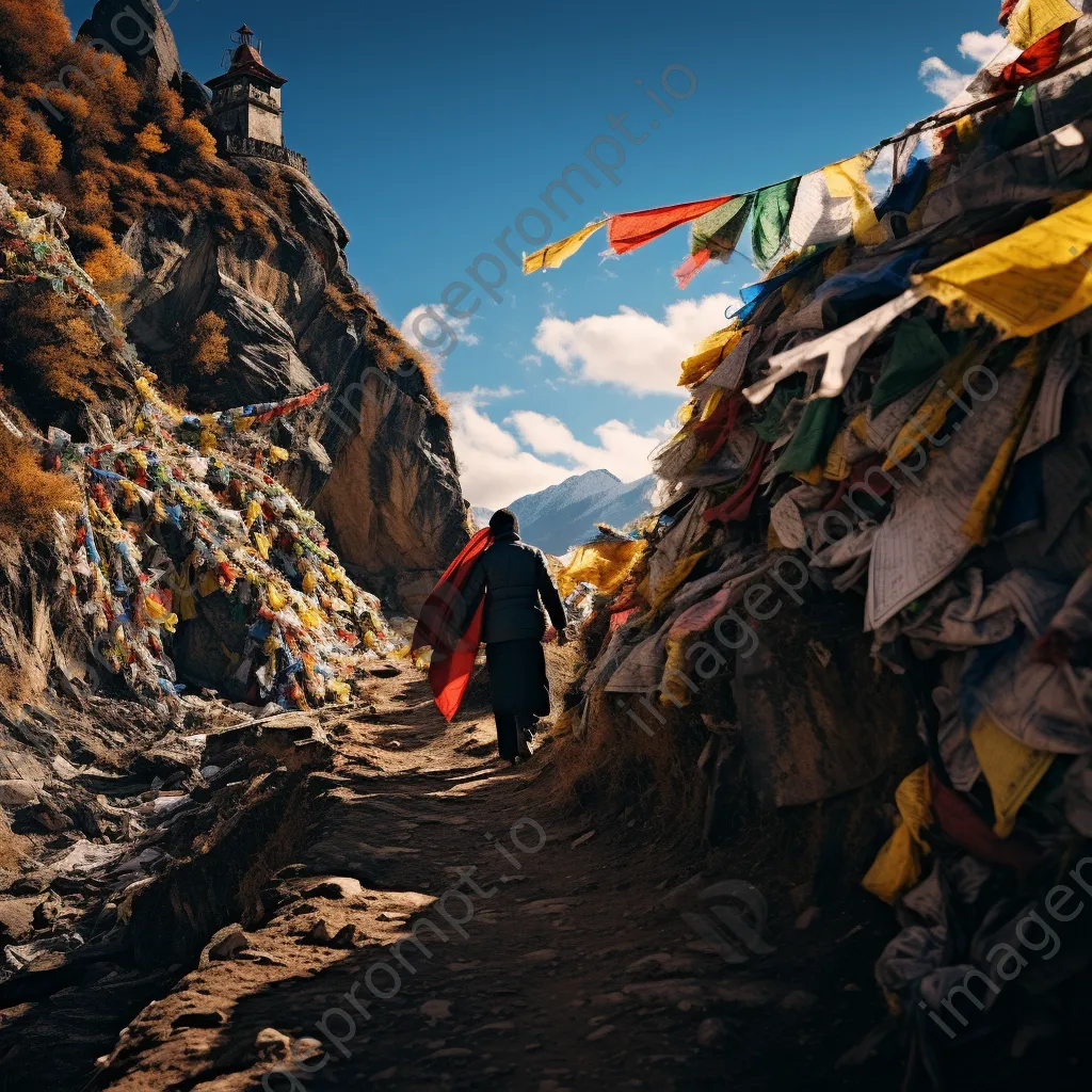 Ancient pilgrimage route with colorful prayer flags - Image 3