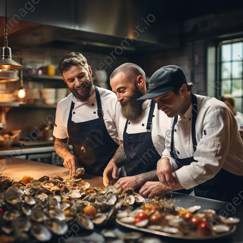 Group of chefs preparing oyster dishes in a kitchen - Image 2