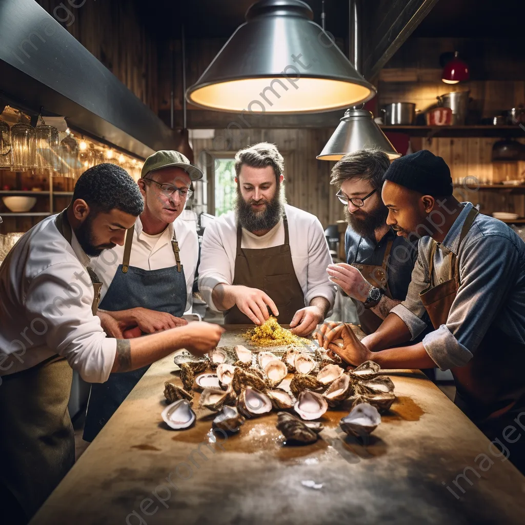 Group of chefs preparing oyster dishes in a kitchen - Image 3