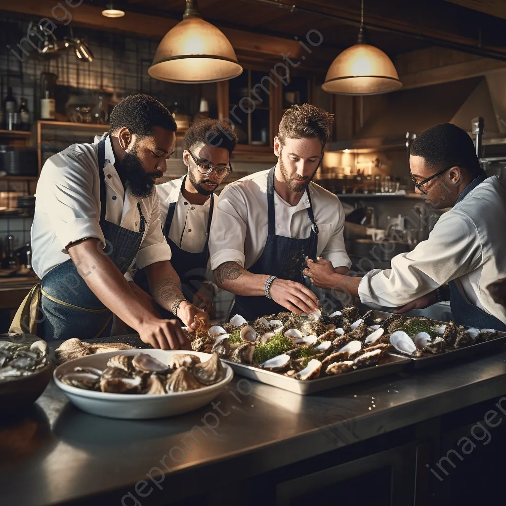 Group of chefs preparing oyster dishes in a kitchen - Image 4