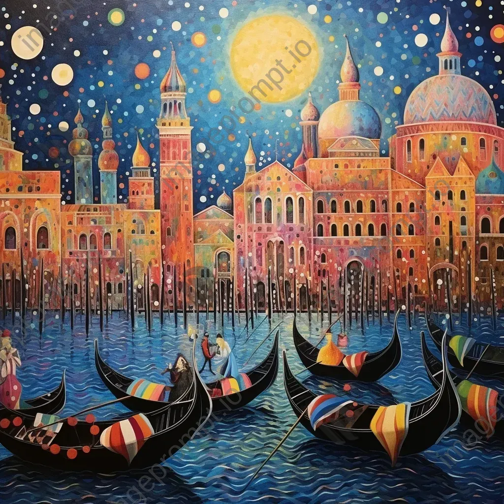 Pointillism depiction of a vibrant Venetian carnival with colorful masks and gondolas - Image 2