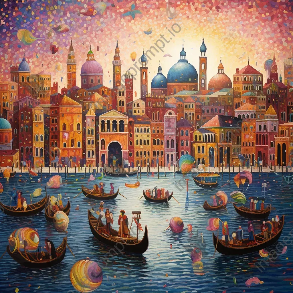 Pointillism depiction of a vibrant Venetian carnival with colorful masks and gondolas - Image 3